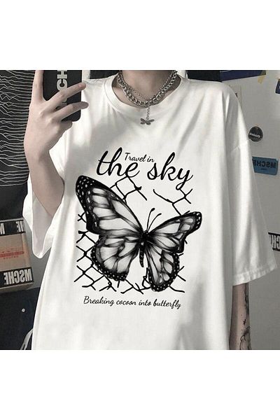 MODARİCH Λευκό μπλουζάκι Oversize Sky Butterfly - Κοντό μανίκι με λαιμόκοψη