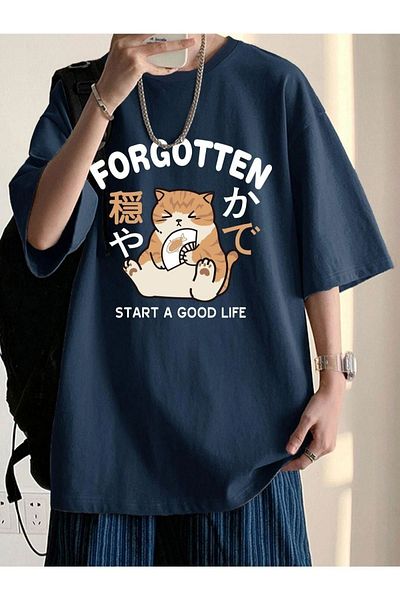 MODARİCH Forgotten Cat T-shirt -dark blue, Printed, Crew Neck, Oversize, Short Sleeve, Boyfriend, Loose