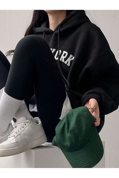 MODARİCH Hanorac negru oversize cu glugă cu imprimeu New York