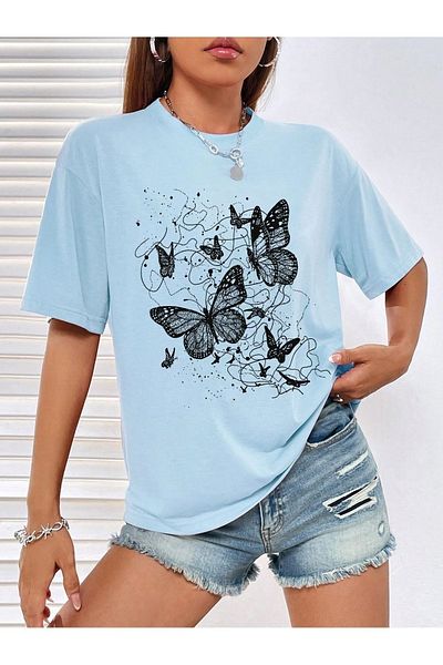 MODARİCH Tricou Land of Butterflies - Imprimat albastru baby cu mânecă scurtă cu decolteu liber