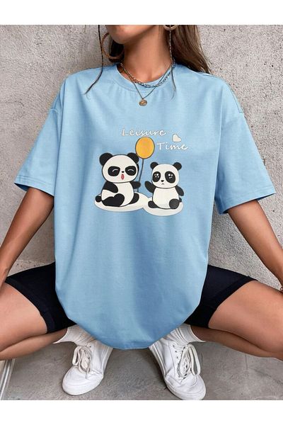 MODARİCH Tricou Panda Balloon - Baby Blue Imprimat Oversize Crew Deck Maneca Scurta Loose