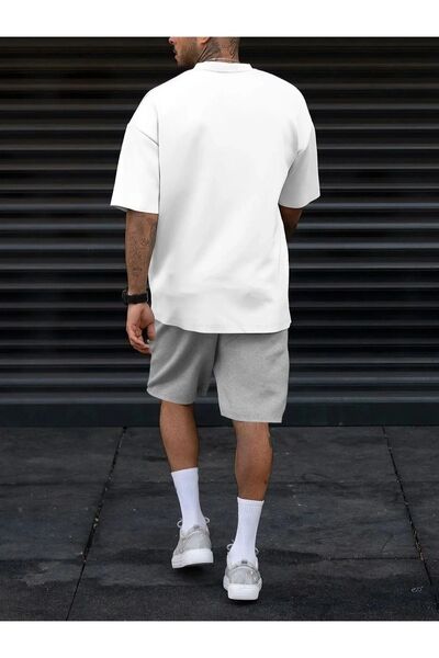 MODARİCH Vertical White T-shirt Gray Shorts - T-Shirt with Shorts Top and Bottom Set Printed Oversize Crew Neck