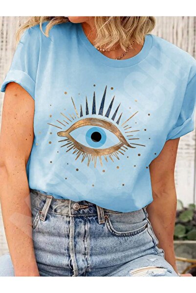 MODARİCH Spiritual Eye T-Shirt - Baby Blue Printed Oversize Crew Neck Short S...