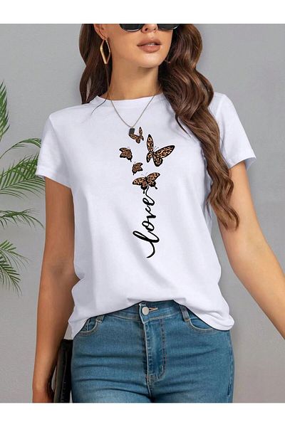 MODARİCH Μπλουζάκι Oversize Love Patterned Butterflies - Λευκό εμπριμέ, λαιμόκοψη, κοντό μανίκι