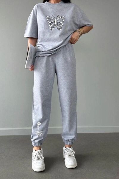 MODARİCH Gray Butterfly Rose Patterned Tracksuit Set - Oversize Jogger T-Shir...