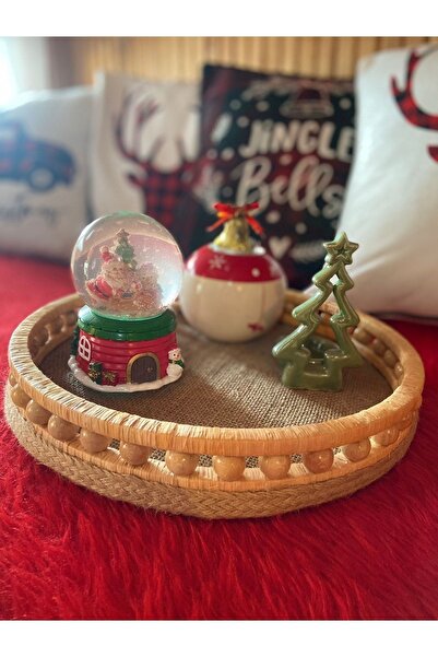 Aura design Dekoratif Ahşap Boncuklu Hasır Sunumluk Sepet Modeli 30 Cm