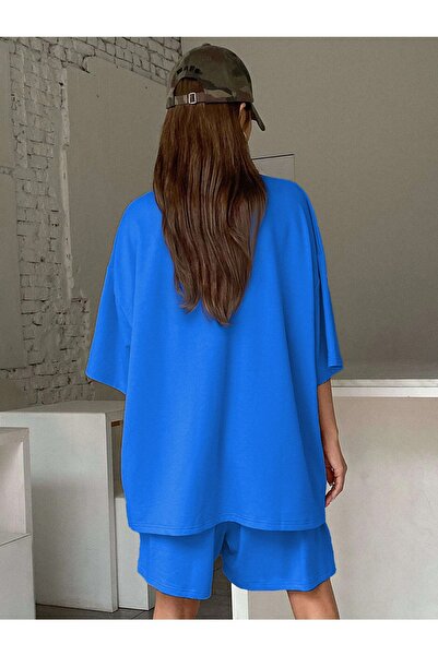 MODARİCH Therefore T-Shirt Penye Şort - Sax Mavi Alt Üst Takım Baskılı Oversize Bisiklet Yaka