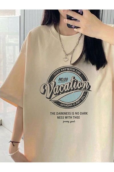 MODARİCH Vacation No 09 Help T-Shirt - Μπεζ εμπριμέ Oversize Crew λαιμόκοψη κοντό μανίκι