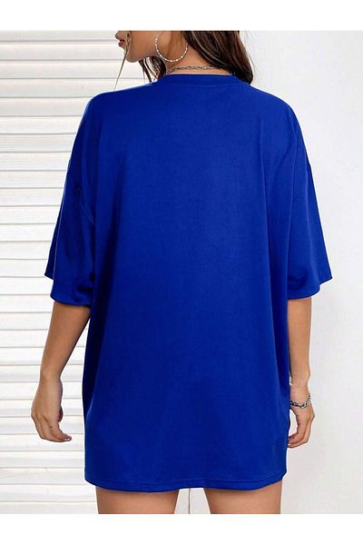 MODARİCH Μπλουζάκι Sax Blue Printed Three Daisies - Oversize Crew Neck