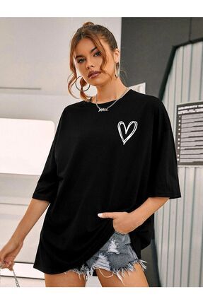 MODAR CH Desen Minimal Kalp T Shirt Siyah Bask l Oversize Bisiklet Yaka K sa Kol Bol Fiyat Yorumlar Trendyol