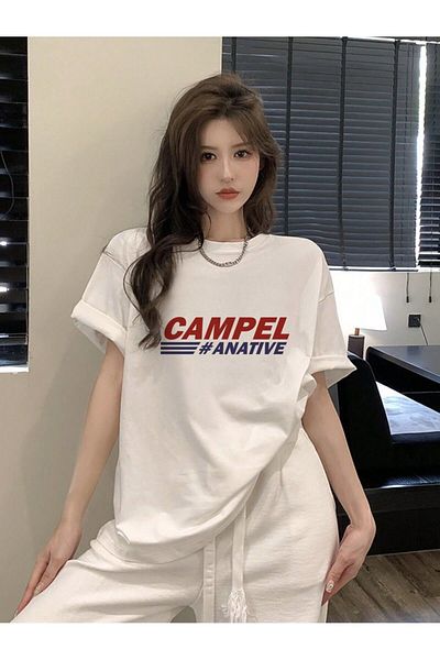 MODARİCH Tricou Campel - Alb Imprimat Oversize Crew Gât cu mânecă scurtă Loose