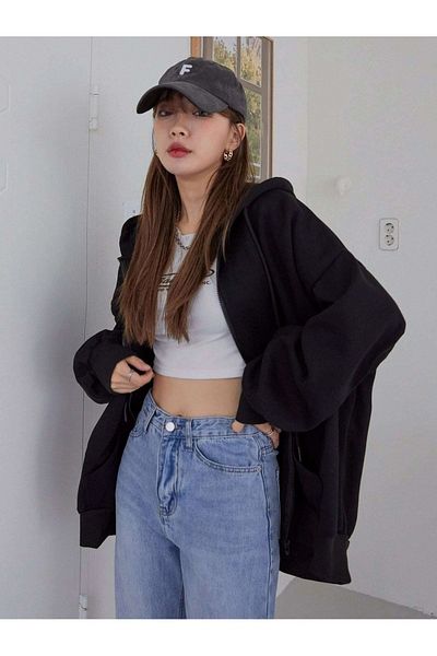 MODARİCH Cardigan simplu de bază - Cardigan negru de iarnă oversize cu glugă și buzunar cu fermoar