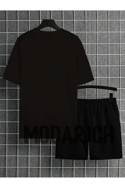 MODARİCH Lucky Deer Horn T-Shirt Shorts - Black Shorts T-Shirt Bottom Top Set Printed Crew Neck