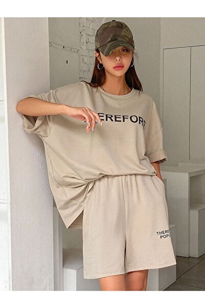 MODARİCH Therefore T-Shirt Penye Şort - Bej Alt Üst Takım Baskılı Oversize Bisiklet Yaka
