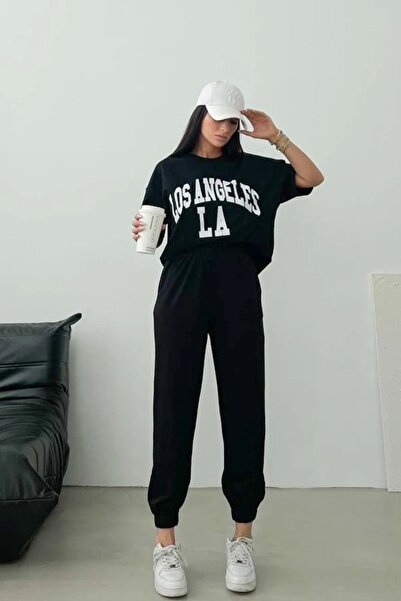 MODARİCH Los Angeles La T-shirt Φούτερ Jogger - Σετ φόρμας με μαύρη στάμπα Ov...
