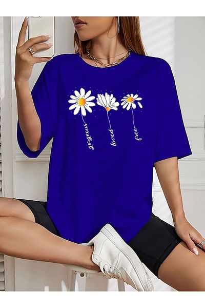 MODARİCH Μπλουζάκι Sax Blue Printed Three Daisies - Oversize Crew Neck