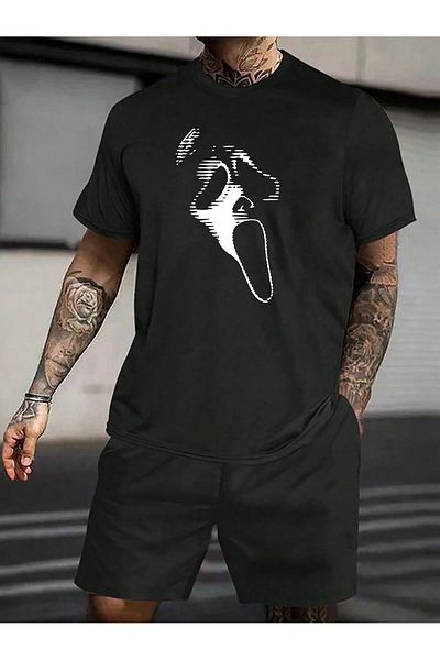 MODARİCH Scream Mask T-Shirt Shorts - Black Shorts T-Shirt Top and Bottom Set Printed Crew Neck