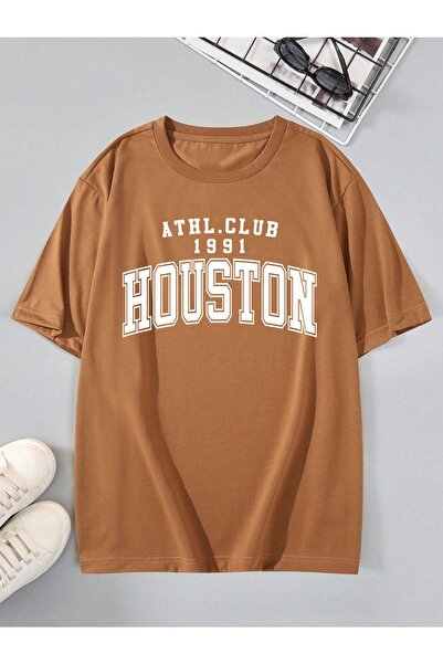 MODARİCH Tricou Houston 1991 - Maro deschis, Imprimat, Decolteu, Oversize, Ma...