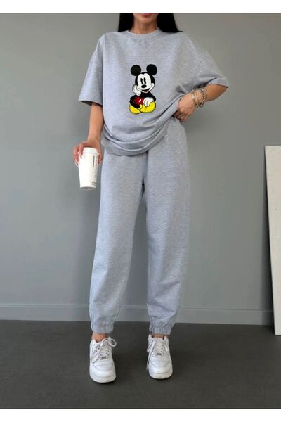 MODARİCH Mickey Mouse T-shirt Eşofman Altı Jogger - Gri Baskılı Eşofman Takım...
