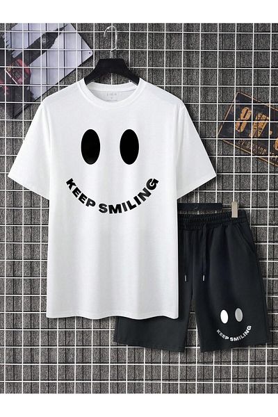 MODARİCH Keep Smiling Χτενισμένο βαμβακερό μπλουζάκι και παντελόνι σορτς με λαιμόκοψη - λευκό μαύρο σετ