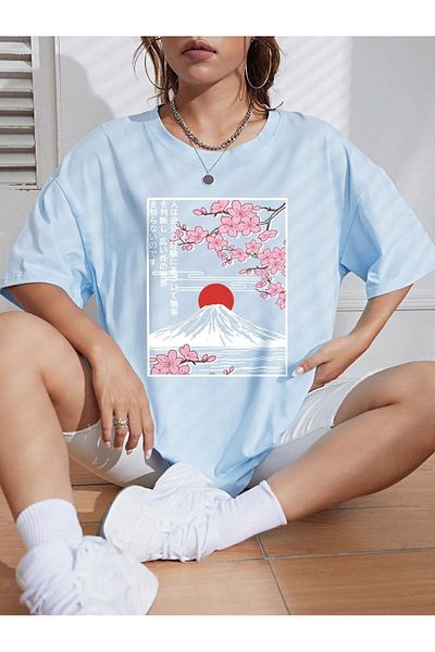 MODARİCH Ιαπωνικό μπλουζάκι με λουλούδια - Baby Blue με στάμπα Oversize Crew λαιμόκοψη κοντό μανίκι φαρδύ