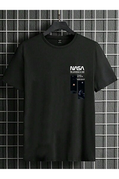 MODARİCH Tricou oversize Nasa Bright - Imprimat negru, decolteu, maneca scurta