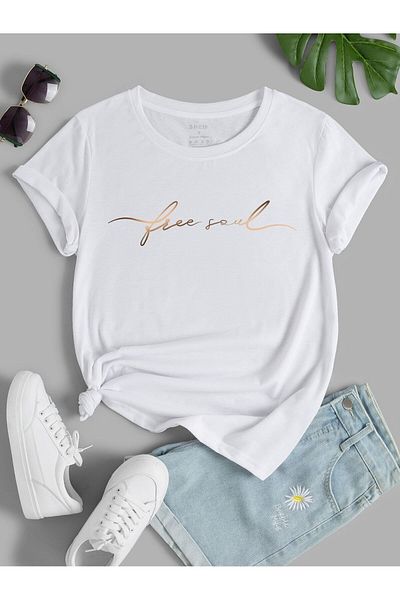 MODARİCH Λευκό εμπριμέ Free Soul Oversize T-Shirt - Crew Neck, Κοντό μανίκι