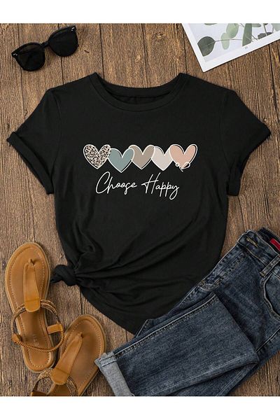 MODARİCH Μαύρο μπλουζάκι με στάμπα Oversize Heart - Crew Neck, κοντό μανίκι