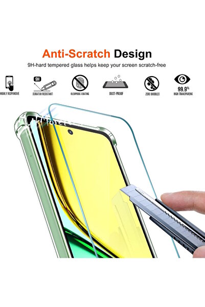 m.tk moveteck Realme 12 Lite Kılıf Köşe Korumalı Darbeye Dayanıklı Antişok Şeffaf Silikon + Ekran Koruyucu Cam Set