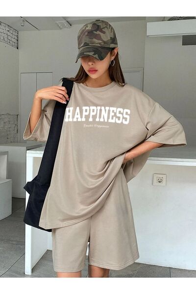 MODARİCH Μπλουζάκι μπεζ με στάμπα Happiness και χτενισμένο βαμβακερό σορτς - ...