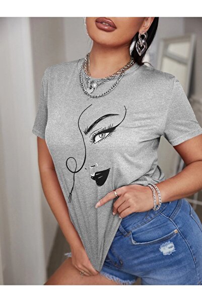 MODARİCH Γυναικείο μπλουζάκι Silhouette Figure - γκρι, εμπριμέ, λαιμόκοψη, εμ...