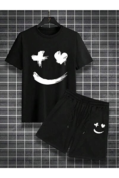 MODARİCH Smiley Face T-shirt Shorts - Black T-Shirt with Shorts Top and Bottom Set Printed Oversize Crew Neck