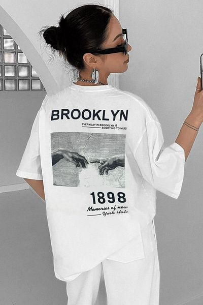 MODARİCH Brooklyn 1898 T-shirt -white, Printed, Crew Neck, Printed, Short Sleeve, Boyfriend, Loose
