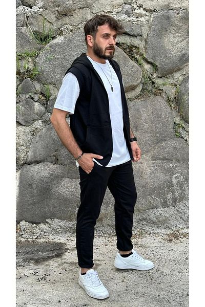 MODARİCH 3-Piece Basic Sweatpants Sleeveless Cardigan T-Shirt Set - Black Short Sleeve Hoodie Summer