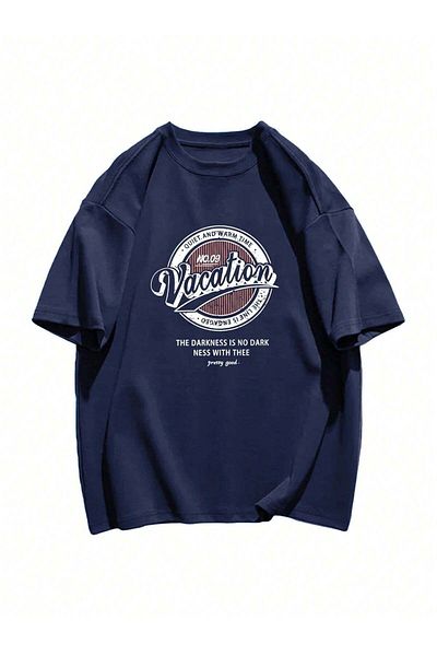 MODARİCH Vacation No 09 Help T-Shirt - Navy Blue printed Oversize Crew λαιμόκοψη κοντό μανίκι φαρδύ