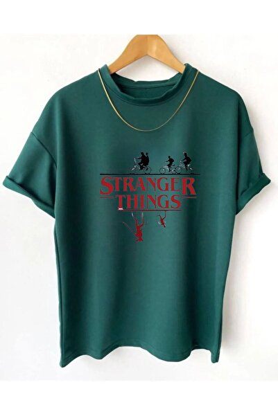 MODARİCH Stranger Things T-shirt - Nefti Yeşil Oversize  Baskılı Bisiklet Yaka Baskılı Kısa Kol Bol