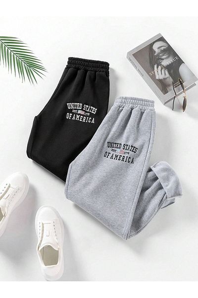 Mythologie 2 Πακέτα Us Of America εμπριμέ Jogger Sweatpants - Μαύρο γκρι λαστιχένιο πόδι ψηλόμεσο καλοκαίρι