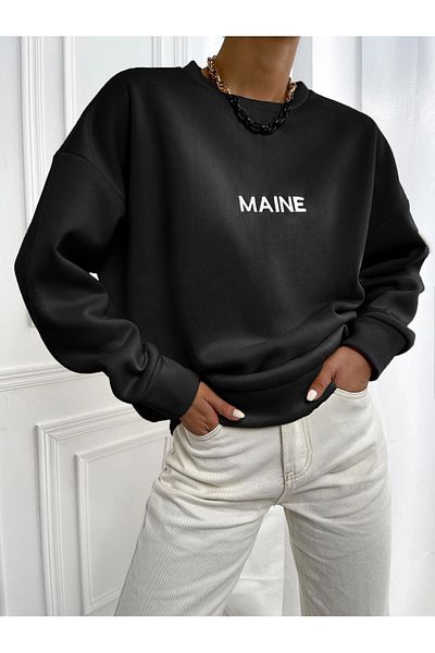 MODARİCH Maine Winter Thick Sweatshirt - Μαύρο εμπριμέ Oversize Crew Neck