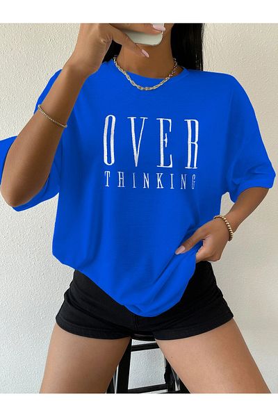 Mythologie Over Thinking T-Shirt - Sax Blue Printed Oversize Crew Neck Κοντό μανίκι