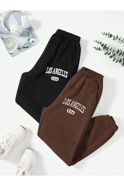 Mythologie 2-Piece Los Angeles USA Sweatpants Jogger - Black And Brown Printed Rubber Leg High Waist Summer