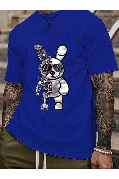 Mythologie Robot Rabbit T-Shirt - Sax Blue Printed Oversize Crew Neck με κοντό μανίκι