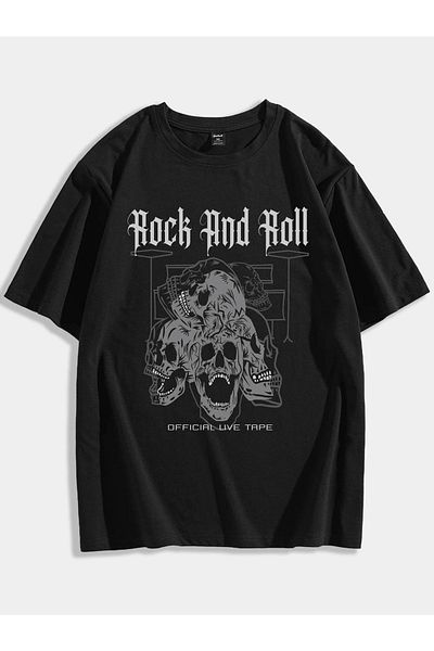 Mythologie Μπλουζάκι Rock And Roll - Μαύρο, εμπριμέ, Oversize, Crew Neck, Κοντό μανίκι