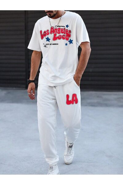 Mythologie Los Angeles Loco - Λευκό υπερμεγέθη μπλουζάκι Jogger και φούτερ με λαιμόκοψη