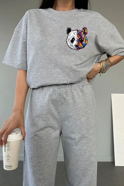 Mythologie Panda Logo T-shirt Sweatpants Jogger - Σετ φόρμας με γκρι στάμπα Oversize Crew Neck