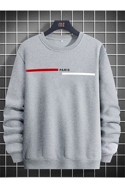 MODARİCH Φούτερ Paris Double Stripe - Γκρι στάμπα Oversize Ribbed Crew Neck