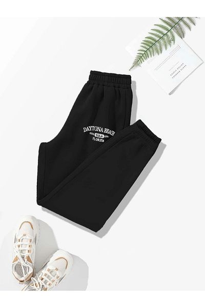 Mythologie Daytona Beach Sweatpants Jogger - Black Printed Elastic Leg High Waist Winter