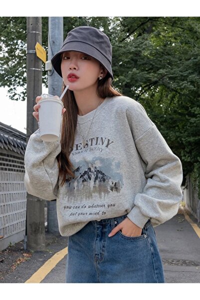 MODARİCH Destiny Enrich Sweatshirt - Gray Printed Oversize Ruffled Crew Neck