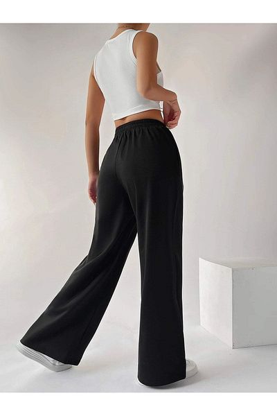 Mythologie Flared Leg Basic Plain Sweatpants Jogger - Black Women's Wide Leg High Waist Winter