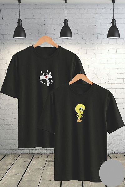 Mythologie Sylvester And Tweety T-Shirt Διπλό Ζευγάρι Lover Συνδυασμός 2 τεμαχίων - Μαύρο εμπριμέ Oversize Crew Neck