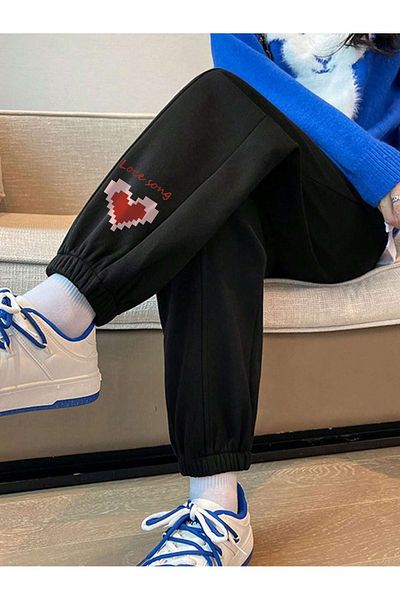 Mythologie Love Heart Leg Printed Sweatpants Jogger - Μαύρο λαστιχένιο πόδι ψηλόμεσο χειμώνα